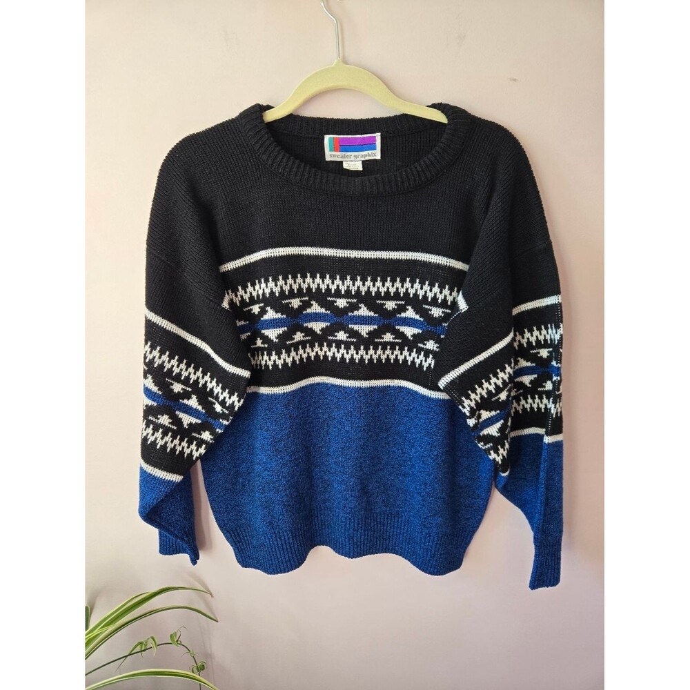 ​⚡️ VTG 80s Sweater Graphix Geometric Fair Isle Crewneck ⚡️ Made in USA 🇺🇸 Med